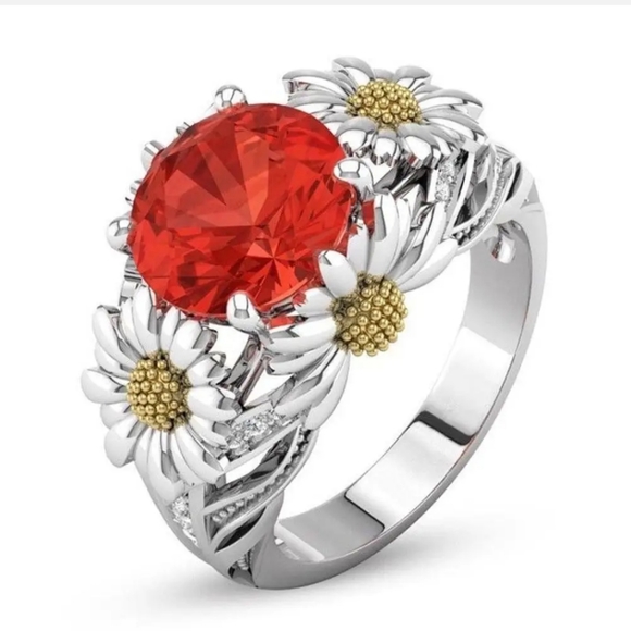 New Round Red Cubic Zirconia Daisy Silver Ring. - Picture 1 of 4